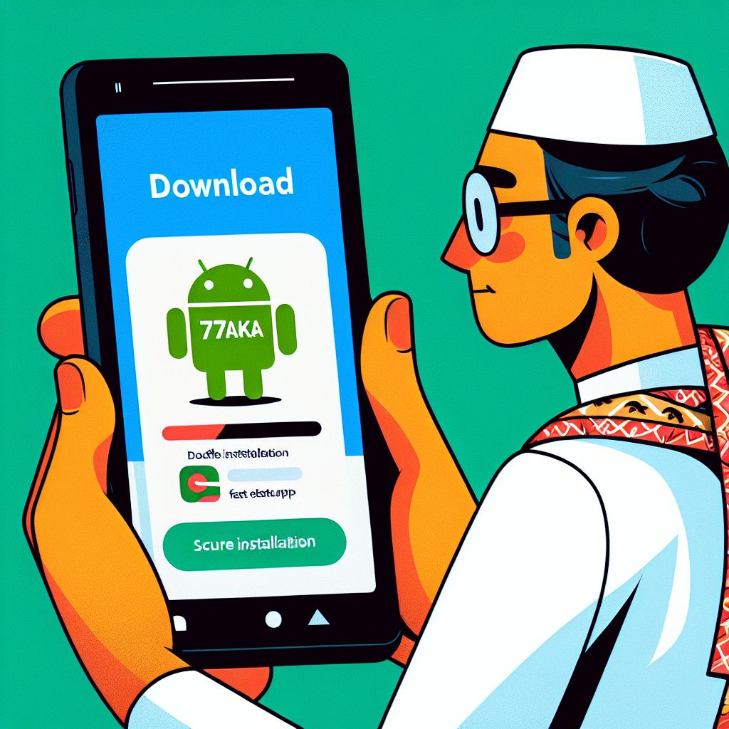 77taka থিমযুক্ত কার্টুন চরিত্র একটি Android ফোন ধরে আছে যার স্ক্রিনে অ্যাপ ডাউনলোড এবং কয়েন দেখানো হয়েছে